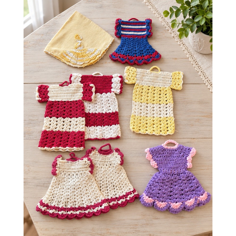 Vintage Crochet Dress Potholders Lot 7 Handmade Granny Chic Kitchen Decor Hanky